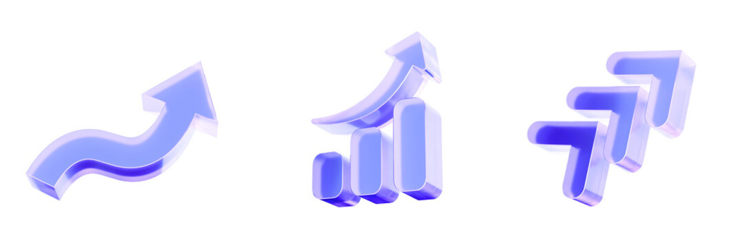 Set 3D Glass growth arrow and bar chart icon isolated on transparent background, concepts for business progress, financial success, and data visualization. Liquid Glass design icon. 3D rendering