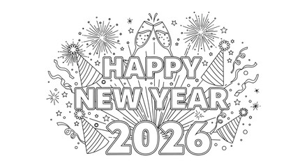 A festive new year s illustration featuring champagne glasses fireworks and celebratory decorations in black and white