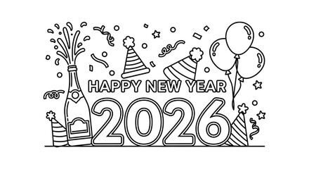 A festive new year illustration featuring balloons confetti and the year 2026 in bold lettering