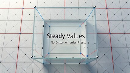 Glass Cube on Grid Background Symbolizing Stability and Precision in Design Elements with Focus on Values
