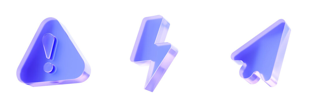 Set 3D Glass warning, lightning bolt, and paper plane icon isolated on transparent background, symbols for electrical hazards, power speed, and fast messaging. Liquid Glass design icon. 3D rendering