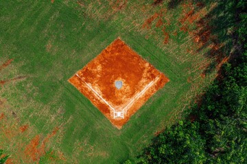 Aerial view of a freshly groomed baseball infield with green grass outfield