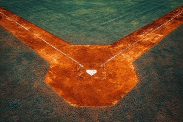 Overhead view of a clean baseball field, home plate area freshly lined