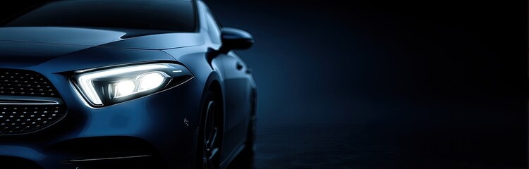 Sleek blue car, front corner illuminated by bright headlights, against dark background
