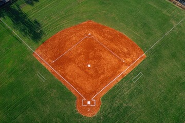 Aerial view of an empty, well-maintained baseball diamond with clay infield and green outfield