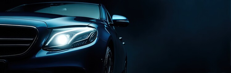 Dark blue luxury sedan front with bright headlight, close-up view