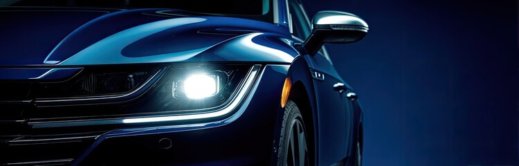 A close-up of a dark blue car's headlight and fender against a dark blue background