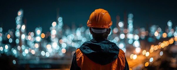 Worker in hard hat and vest gazes at brightly lit industrial complex at night