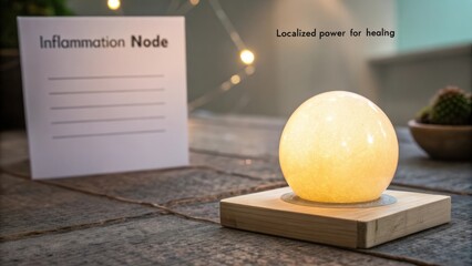 Healing light therapy orb illuminating a calming space with nature-inspired decor and wellness focus