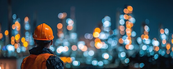 Worker in hard hat observes a glowing industrial plant at night