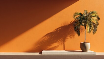 Palm tree in pot on pedestal casts shadow on orange wall