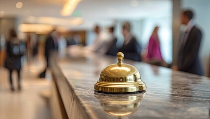 Golden reception bell on marble counter, with blurred figures at desk