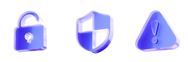 Set 3D Glass padlock, shield, and alert triangle icon isolated on transparent background, symbols for data privacy, cybersecurity, and system warnings. Liquid Glass design icon. 3D rendering