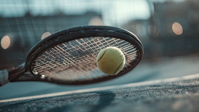 Tennis racket about to hit a ball, outdoors