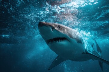 Naklejka premium Realistic depiction of a great white shark swimming in clear ocean waters during daylight with sunlight filtering through the surface