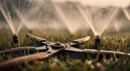 Rusty garden shears rest on wet grass with sprinklers watering