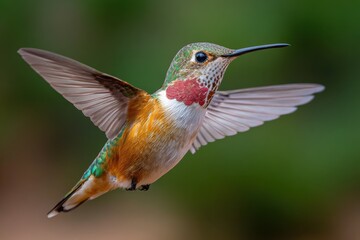 Obraz premium Broadtailed hummingbird hovering effortlessly in midair against a blurred green background in Colorado