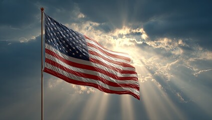 American flag waving proudly in the sunlit sky with dramatic clouds