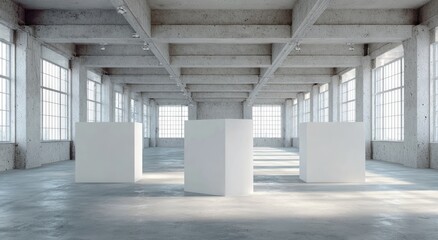 Vast industrial hall with concrete beams, windows, and white display pedestals