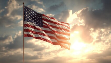 American flag waves proudly against a dramatic, sun-drenched cloudy sky