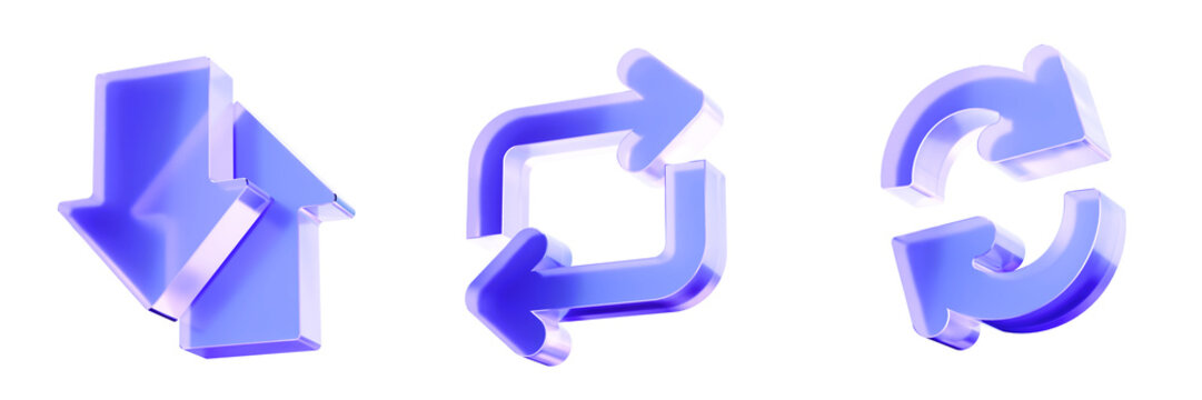 Set 3D Glass data transfer, sync arrows, and reload icon isolated on transparent background, concepts for system updates, cloud synchronization, and data exchange. Liquid Glass design icon. 3D renderi
