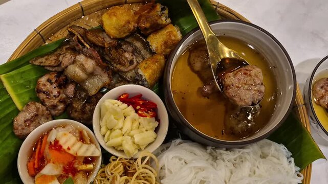 Bun Cha Vietnamese soup noodle  with caramalized grilled pork slow