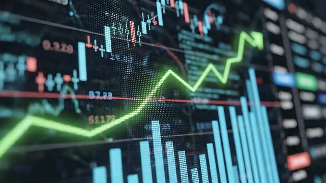 Dynamic digital display showcasing a vibrant financial market chart with a prominent green upward-trending line, symbolizing significant economic growth, successful investment strategies, and positiv.
