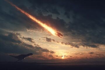 Meteor strike causing extinction event at sunset with dinosaurs present in prehistoric landscape