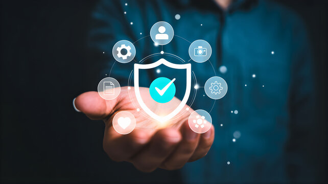 Digital security and privacy protection concept with network icons floating above a hand