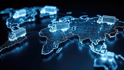 Global truck network connecting cities on a digital world map