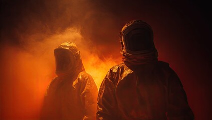 Two figures in yellow protective suits amidst glowing orange smoke