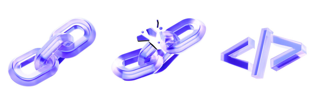 Set 3D Glass link chain, broken link, and coding bracket icon isolated on transparent background, symbols for hyperlinking, technical errors, and software development. Liquid Glass design icon. 3D ren