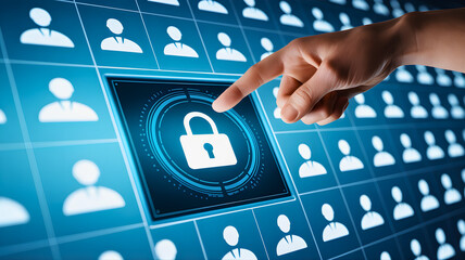 Digital Security Activation A hand presses a virtual padlock icon on a touch screen, symbolizing robust cybersecurity, data protection, and secure user access for online privacy