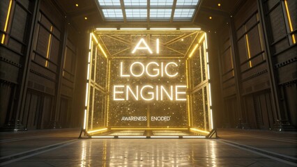 Modern futuristic display of AI logic engine showcasing bright lights in an industrial space with technologies and innovation elements