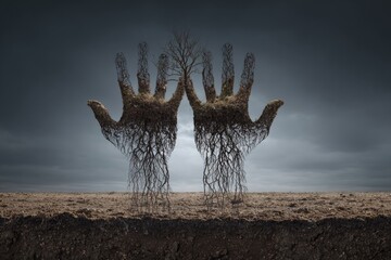 Ethereal hands from earth, with roots and a bare tree reaching skyward