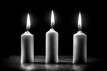 Three lit white candles in darkness, soft glow emanating