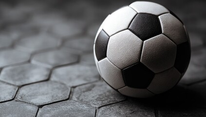 A classic black and white soccer ball rests on a textured, hexagonal-tiled surface
