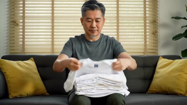 A man folds a clean white t-shirt on a stack of shirts, sitting on a sofa