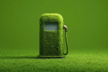 A grass-covered vintage gas pump stands in a lush green field, symbolizing renewable energy