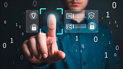Engaging with a digital security interface, a person's finger activates identity verification and data protection protocols, illustrating modern cybersecurity and secure access solutions