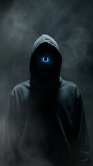 Mysterious hooded figure with glowing blue eye in dark fog