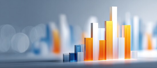 3D bar chart with rising bars, white, blue, orange, against blurred background
