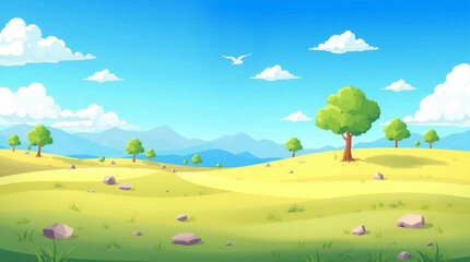 Vibrant cartoon landscape with rolling hills trees and fluffy clouds