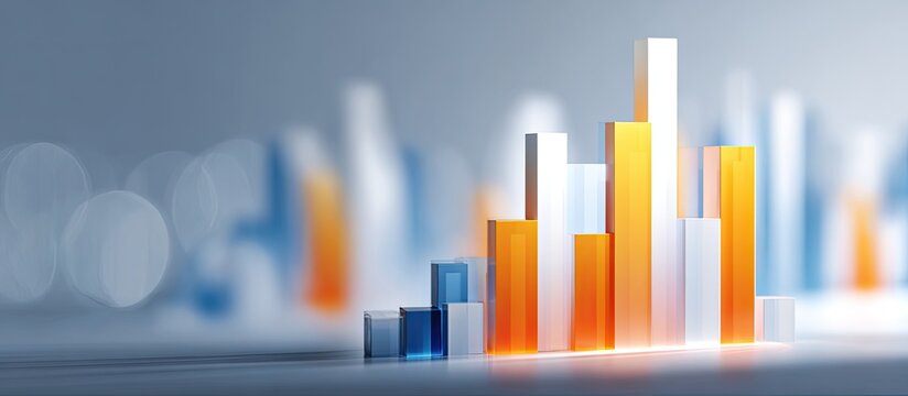 3D bar chart with rising bars, white, blue, orange, against blurred background