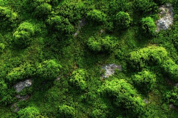 Fototapeta premium Lush green moss carpet illuminates the forest floor under soft natural light in a tranquil woodland setting