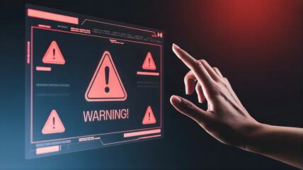 Human hand touching a futuristic display with glowing red warning signs, symbolizing critical cyber security alerts, data breach risks, and network system threats