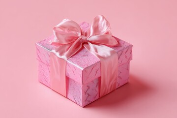Elegant pink gift box adorned with a silky ribbon resting on a soft pink background, perfect for celebrations or special occasions, invites a feeling of joy and anticipation