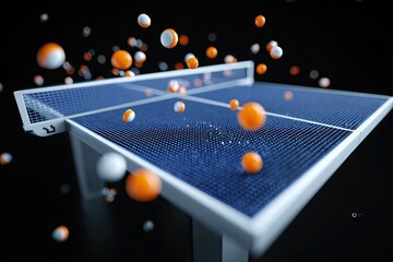 Digital ping pong balls suspended above a textured court