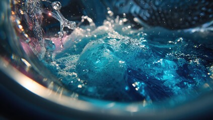 Close-up view inside a washing machine with vibrant blue water and suds