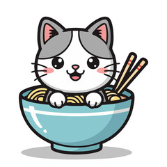 Cat in Ramen: A cute cat playfully immersed in a bowl of delicious ramen, embodying a fusion of adorable charm and culinary delight.